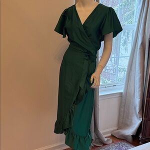 Elegant Emerald Green Satin Wrap Dress